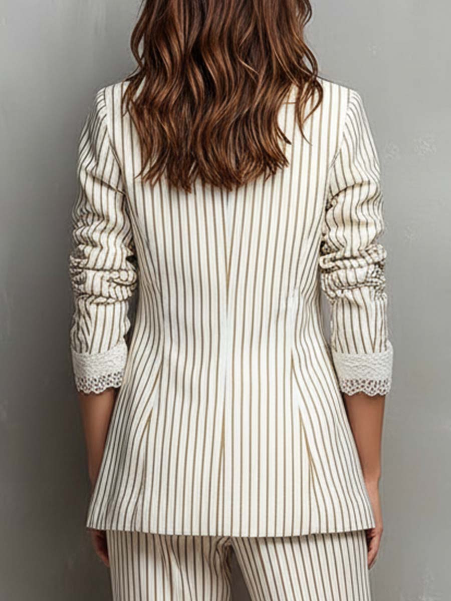 Retro Striped Lace Short Sleeve Blazer