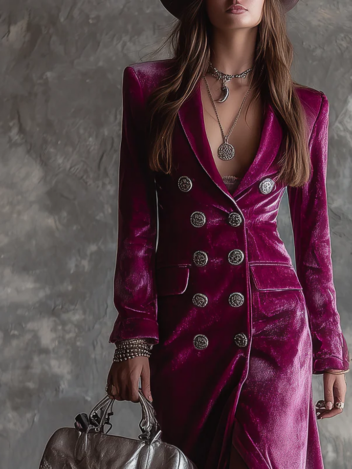 Retro Velvet Long Blazer with Button-Down Detail