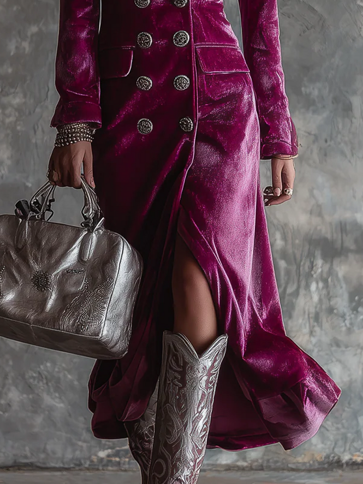 Retro Velvet Long Blazer with Button-Down Detail