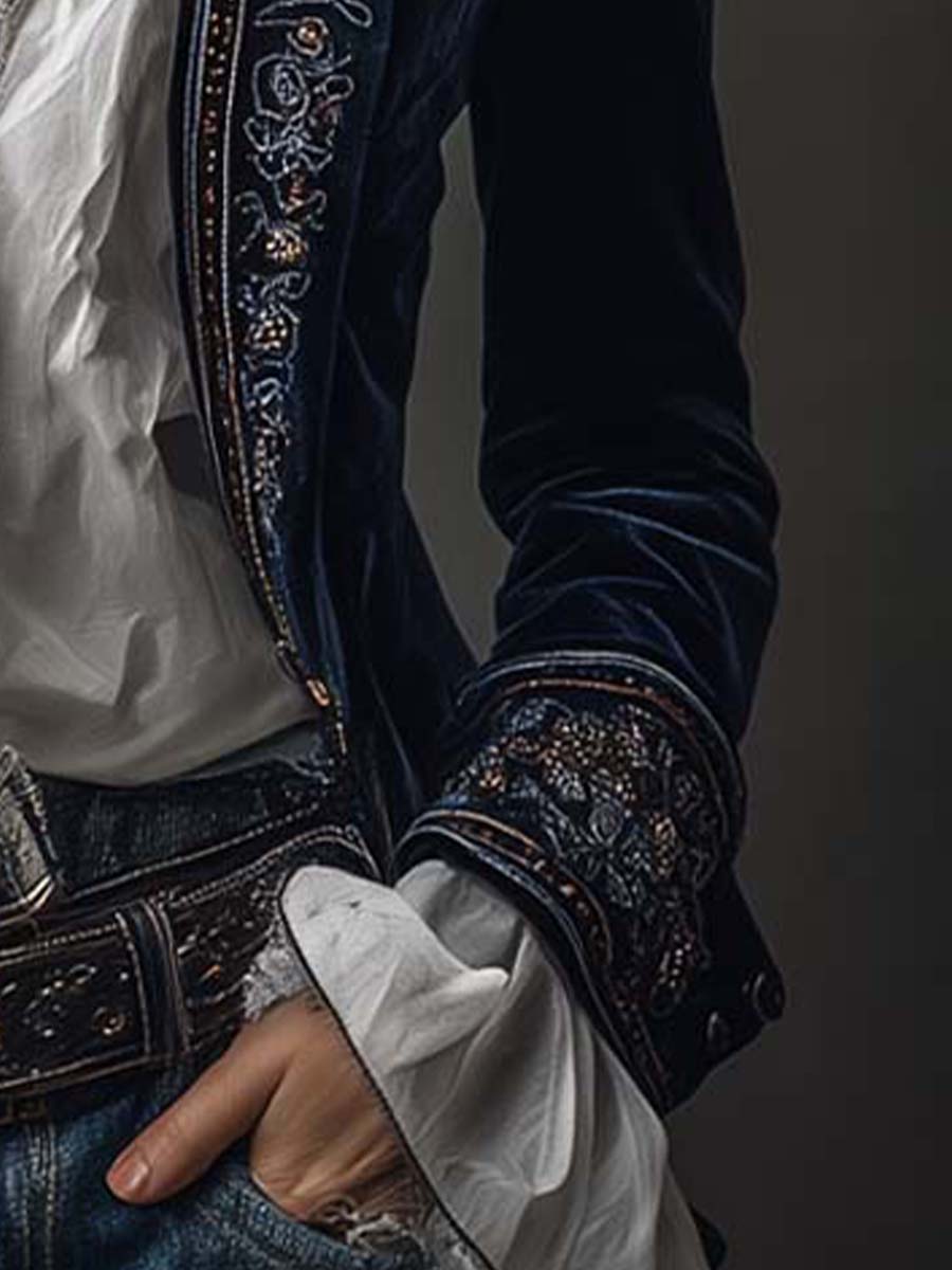 Embroidered Long Jacket in Vintage Navy Polyester Velvet