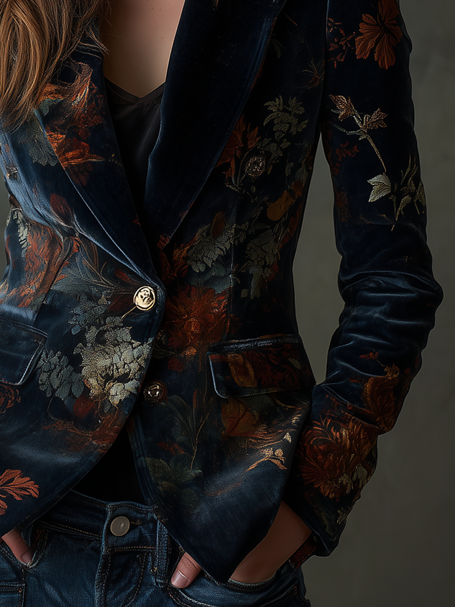 Retro Floral Pattern Velvet Blazer with Metal Buttons