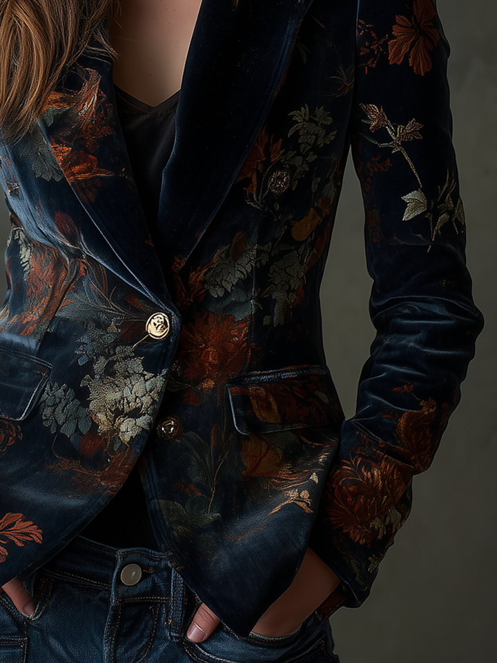 Retro Floral Pattern Velvet Blazer with Metal Buttons