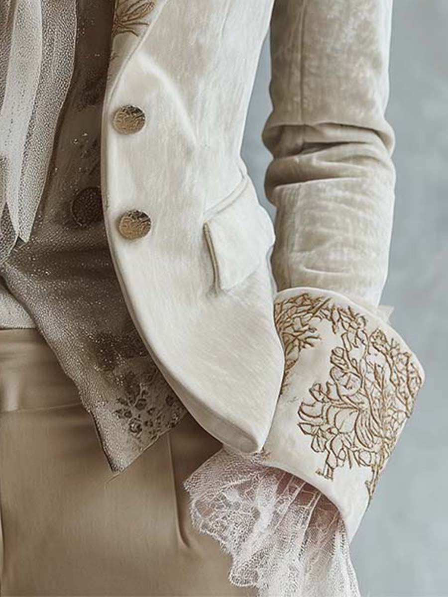 Ivory Velvet Blazer with Lace Cuffs and Embroidered Details