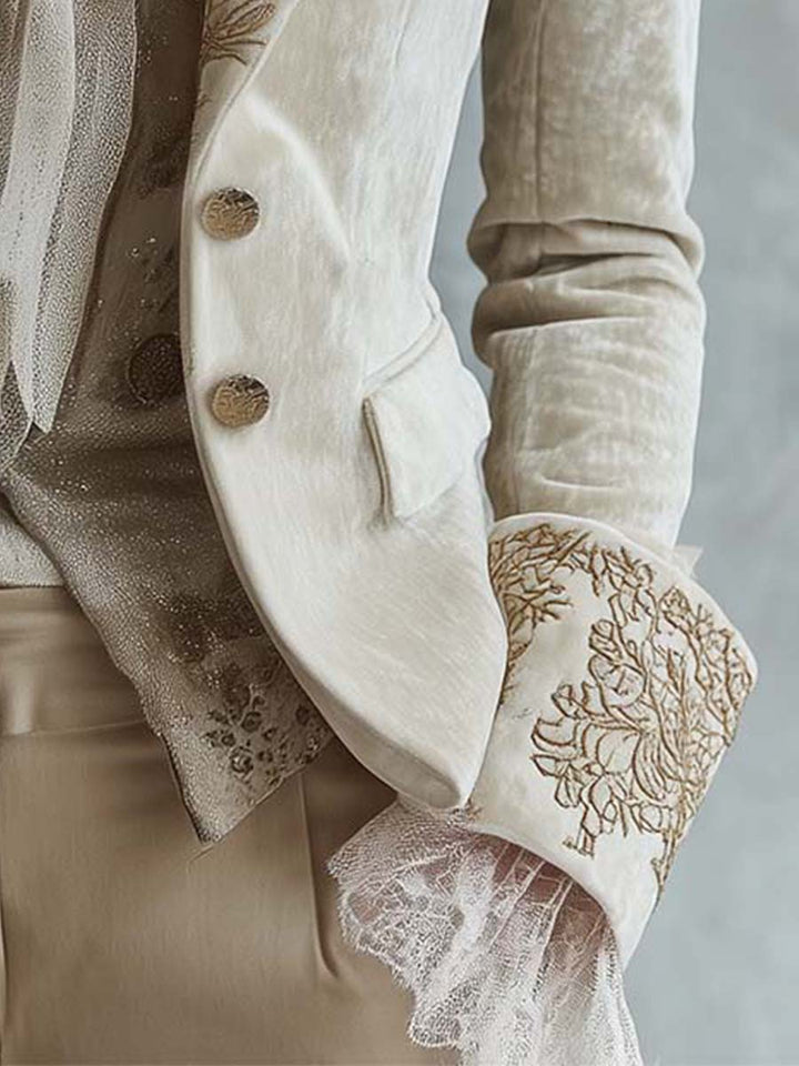 Ivory Velvet Blazer with Lace Cuffs and Embroidered Details