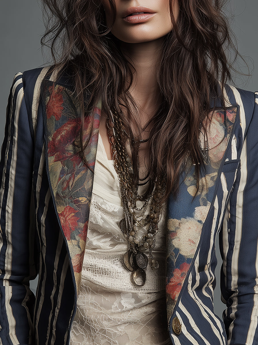 Bohemian Striped Blazer with Floral Print in Cotton and Linen