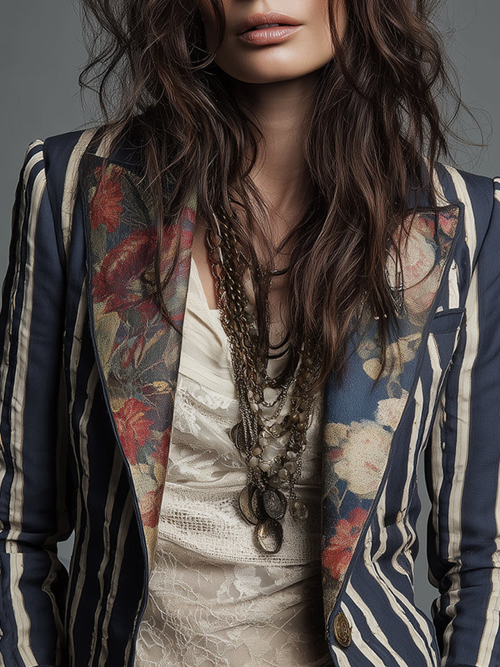 Bohemian Striped Blazer with Floral Print in Cotton and Linen