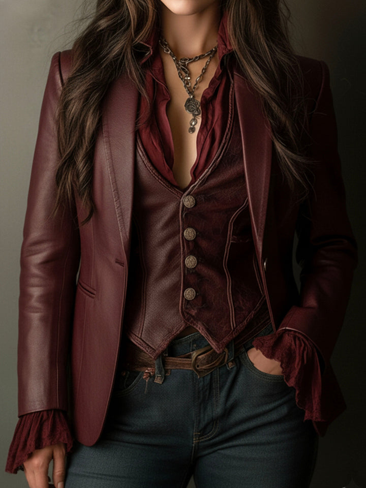 Retro Burgundy Eco-Friendly Leather Blazer