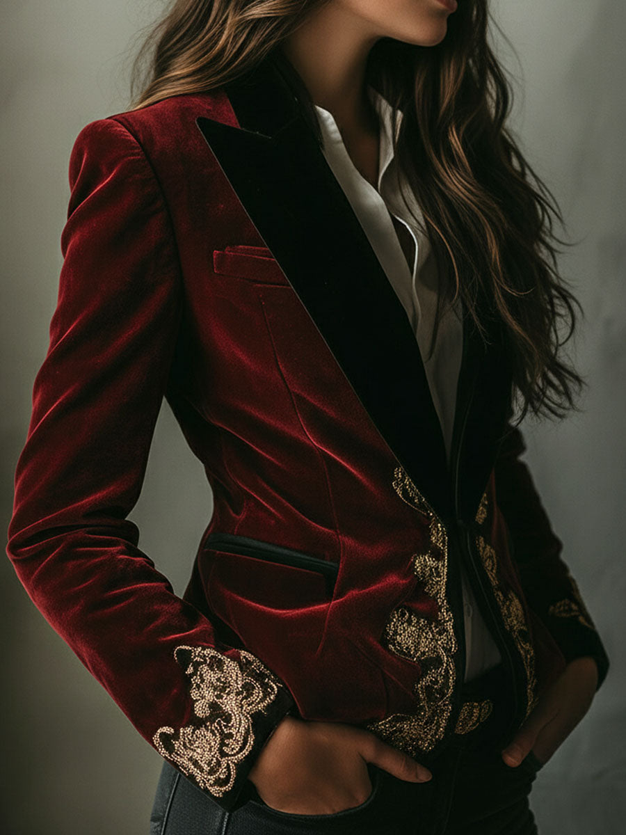 Luxurious Velvet Blazer with Elegant Black Collar and Gold Embroidery