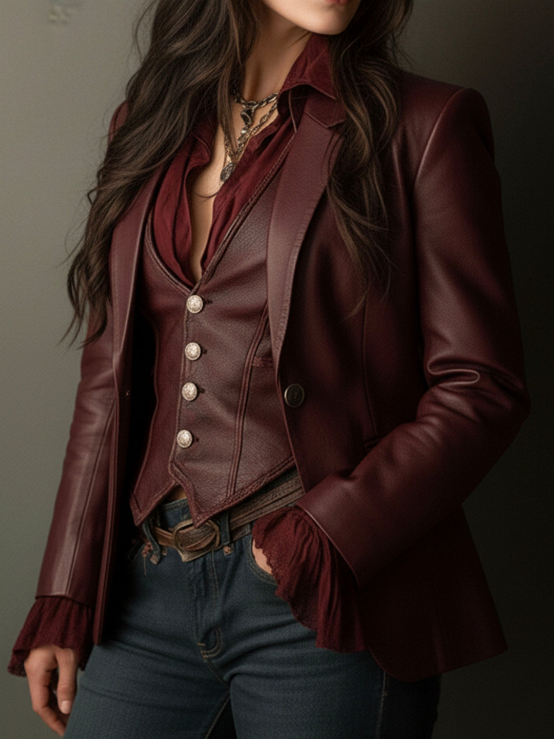 Retro Burgundy Eco-Friendly Leather Blazer