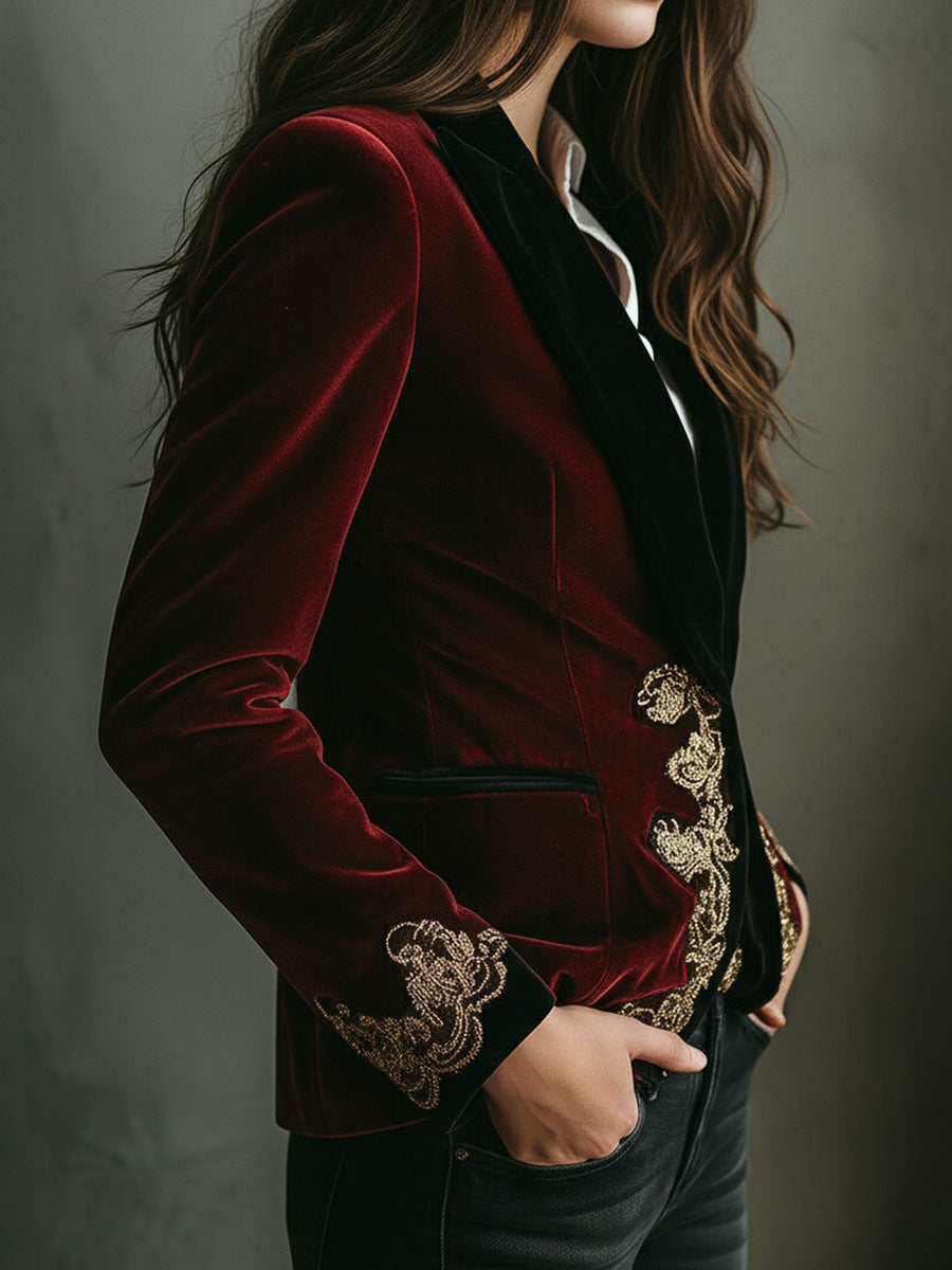 Luxurious Velvet Blazer with Elegant Black Collar and Gold Embroidery