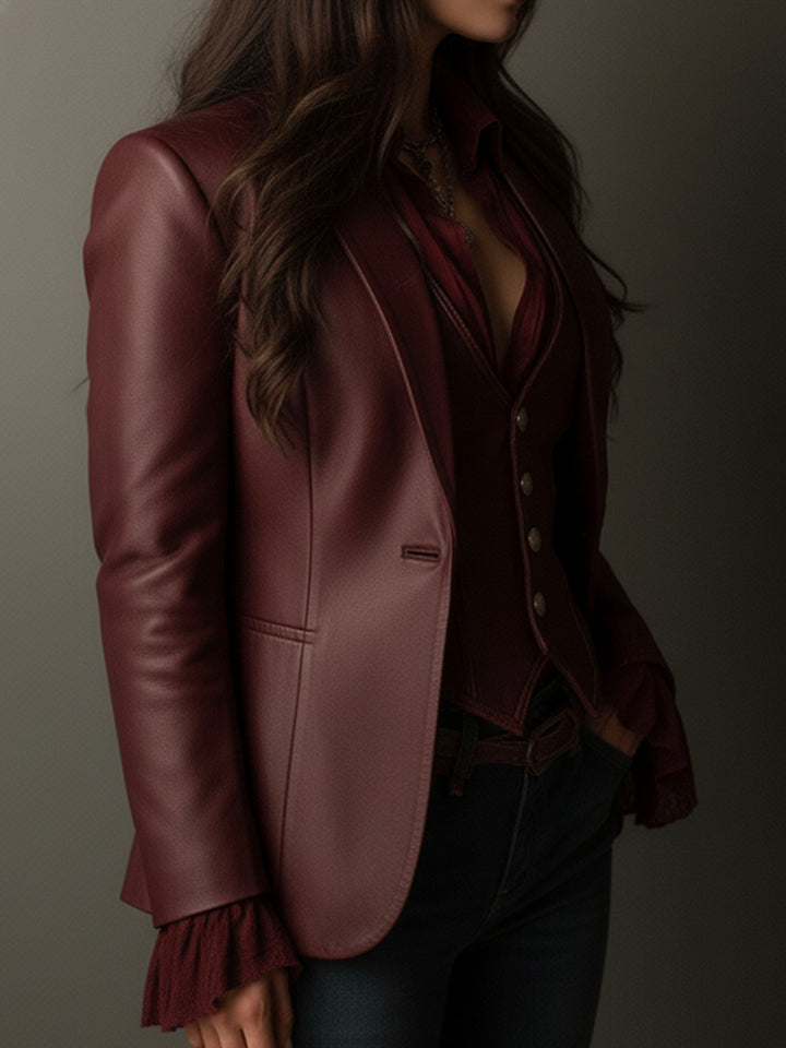 Retro Burgundy Eco-Friendly Leather Blazer