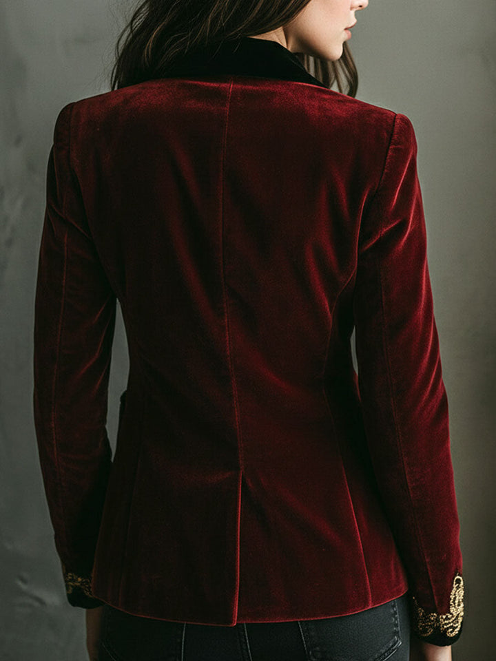 Luxurious Velvet Blazer with Elegant Black Collar and Gold Embroidery