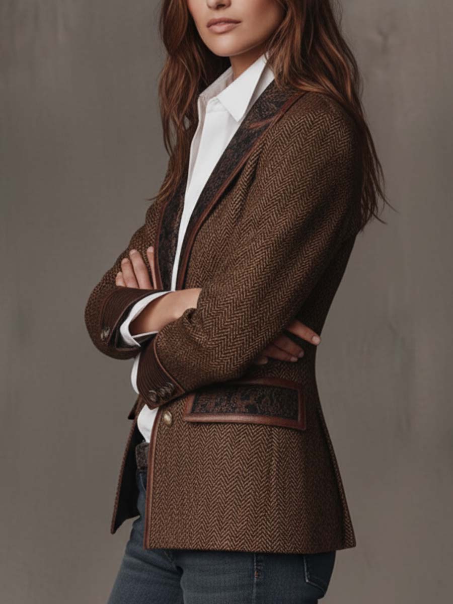 Herringbone Tweed Blazer Featuring Printed Panels