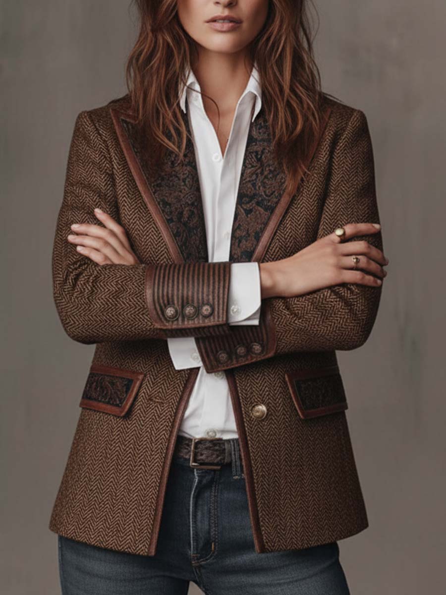 Herringbone Tweed Blazer Featuring Printed Panels