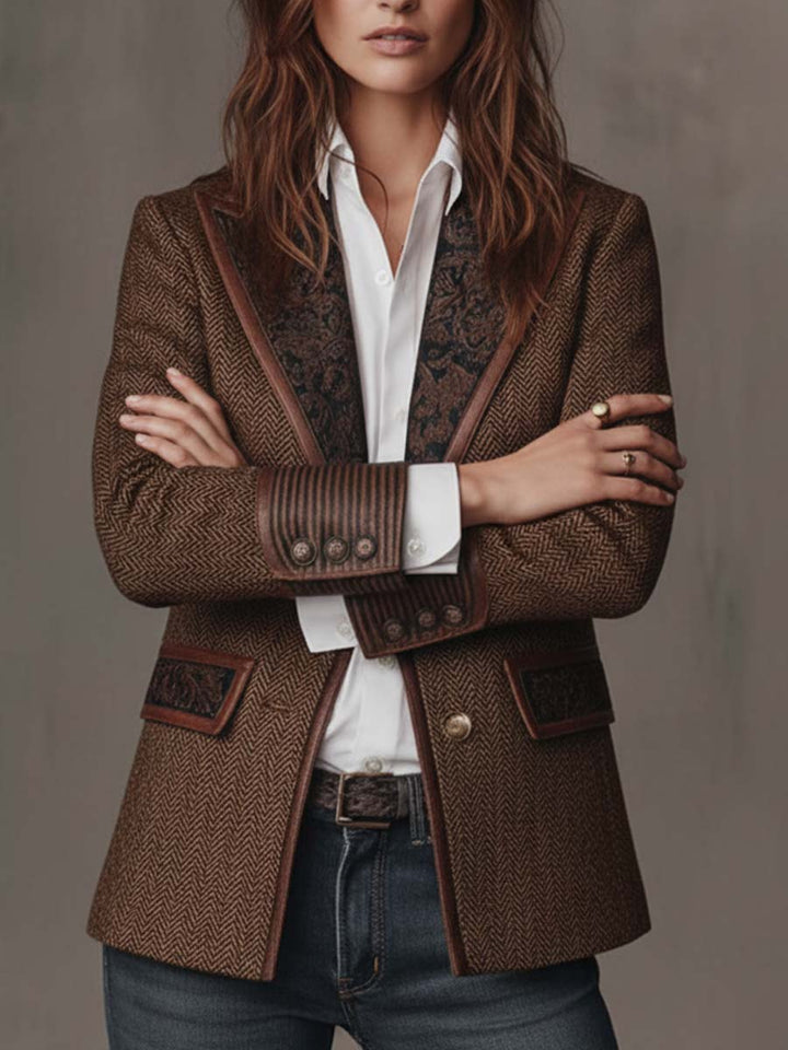 Herringbone Tweed Blazer Featuring Printed Panels