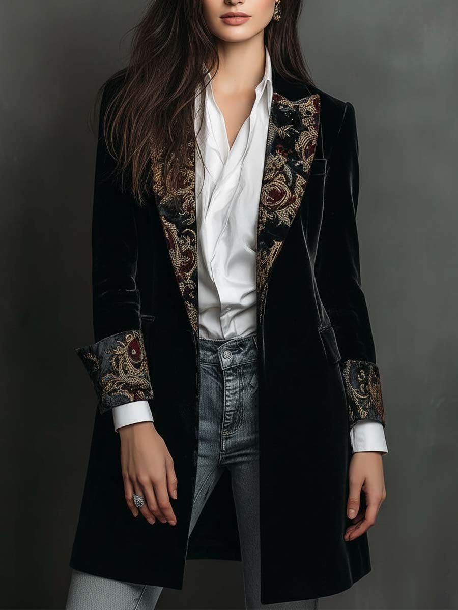 Classic Black Velvet Blazer with Baroque Printed Lapel - Timeless Vintage Luxury