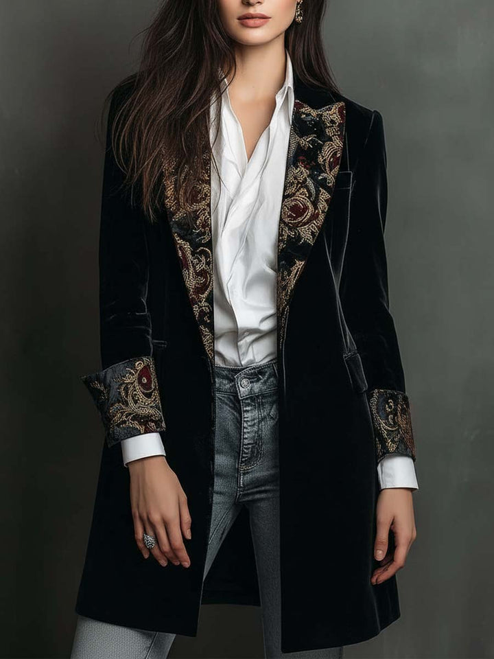 Classic Black Velvet Blazer with Baroque Printed Lapel - Timeless Vintage Luxury