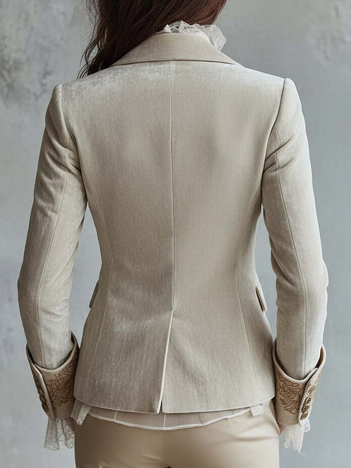 Ivory Velvet Blazer with Lace Cuffs and Embroidered Details