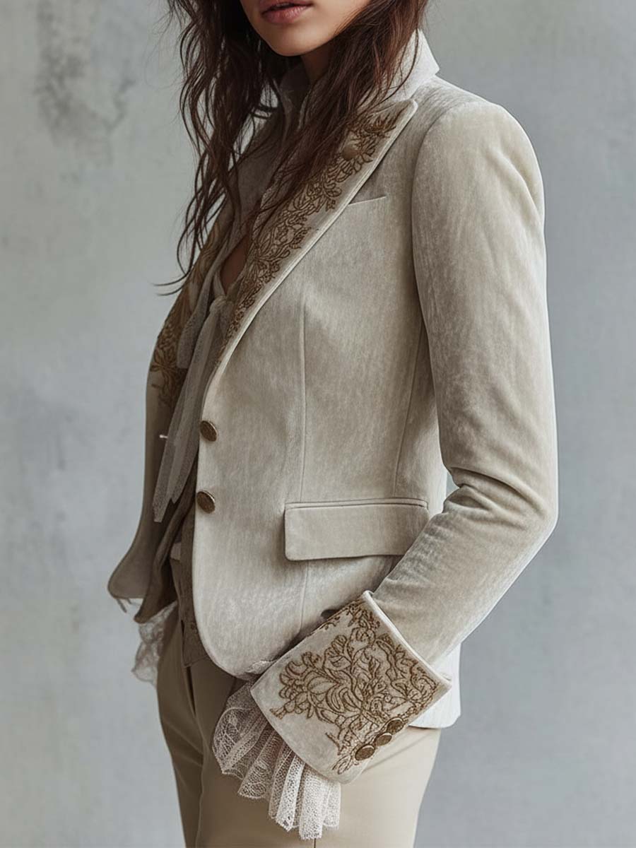 Ivory Velvet Blazer with Lace Cuffs and Embroidered Details