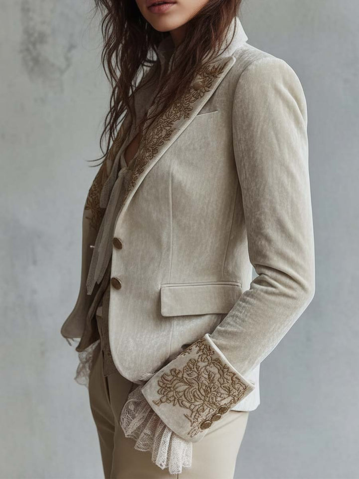 Ivory Velvet Blazer with Lace Cuffs and Embroidered Details