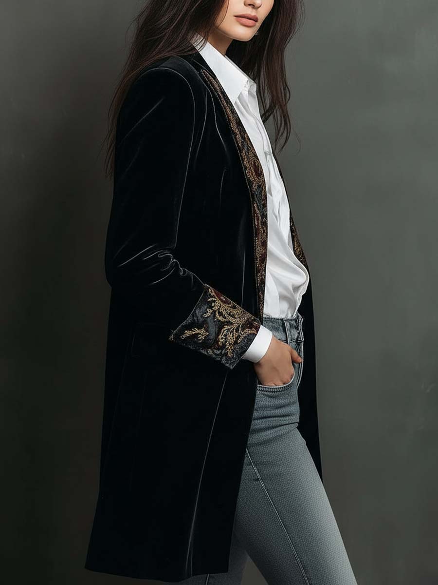 Classic Black Velvet Blazer with Baroque Printed Lapel - Timeless Vintage Luxury