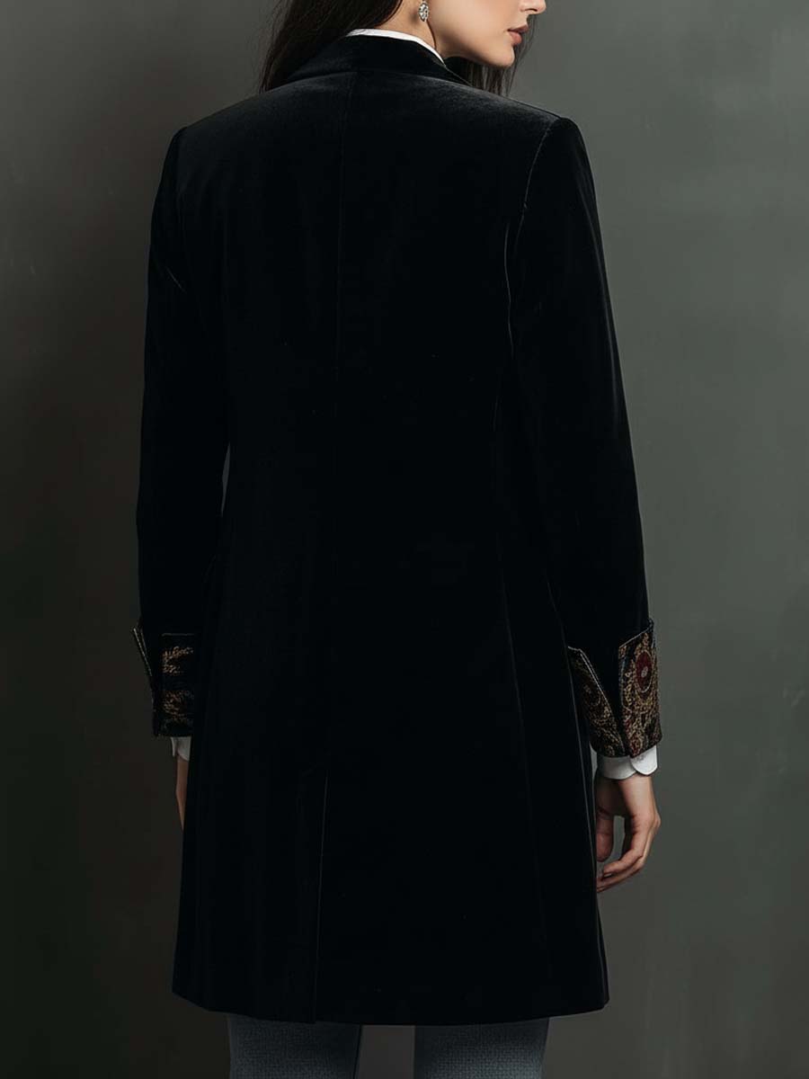 Classic Black Velvet Blazer with Baroque Printed Lapel - Timeless Vintage Luxury