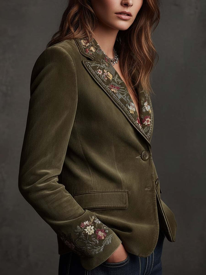 Embroidered Floral Olive Green Velvet Blazer