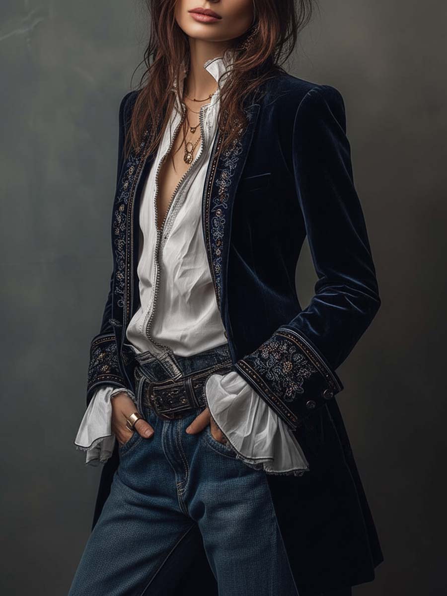 Embroidered Long Jacket in Vintage Navy Polyester Velvet