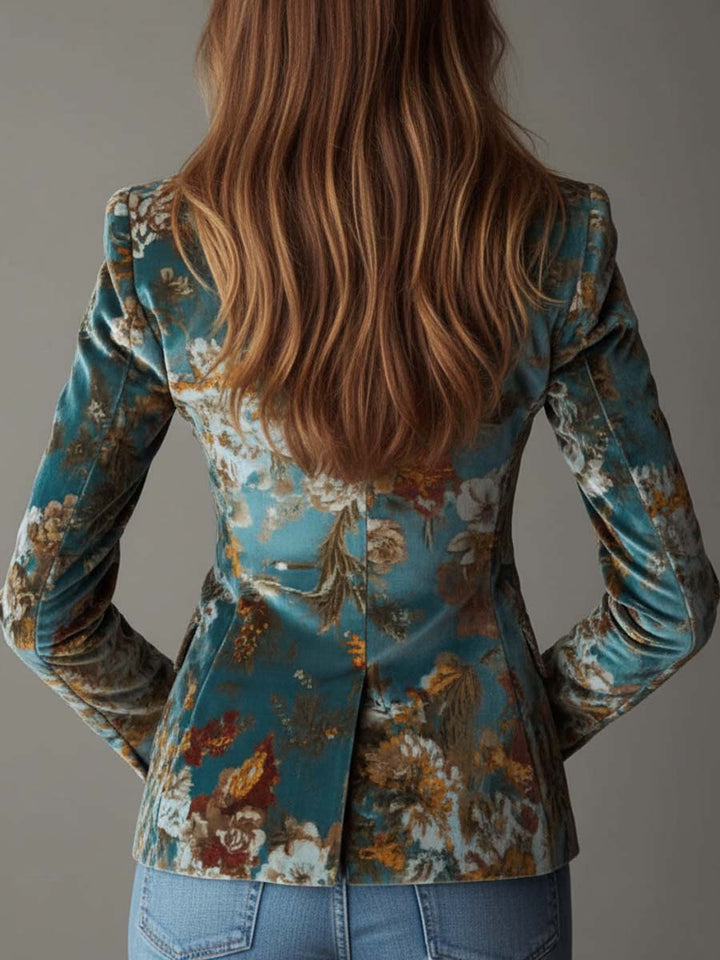 Tailored Vintage Velvet Blazer in Teal Floral Print