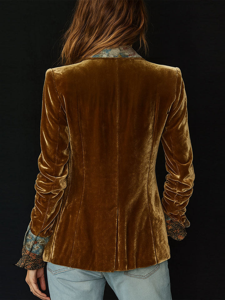 Retro Floral Patchwork Velvet Blazer with Lapel Detail