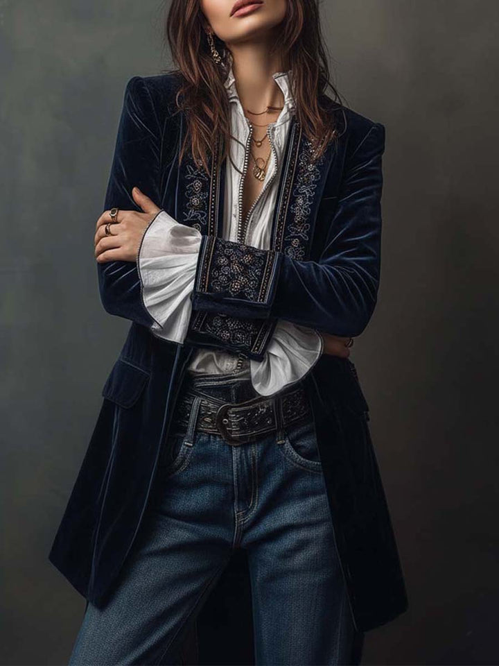 Embroidered Long Jacket in Vintage Navy Polyester Velvet