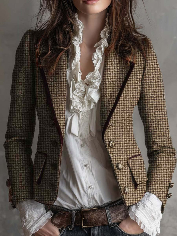 Classic Houndstooth Tweed Tailored Blazer