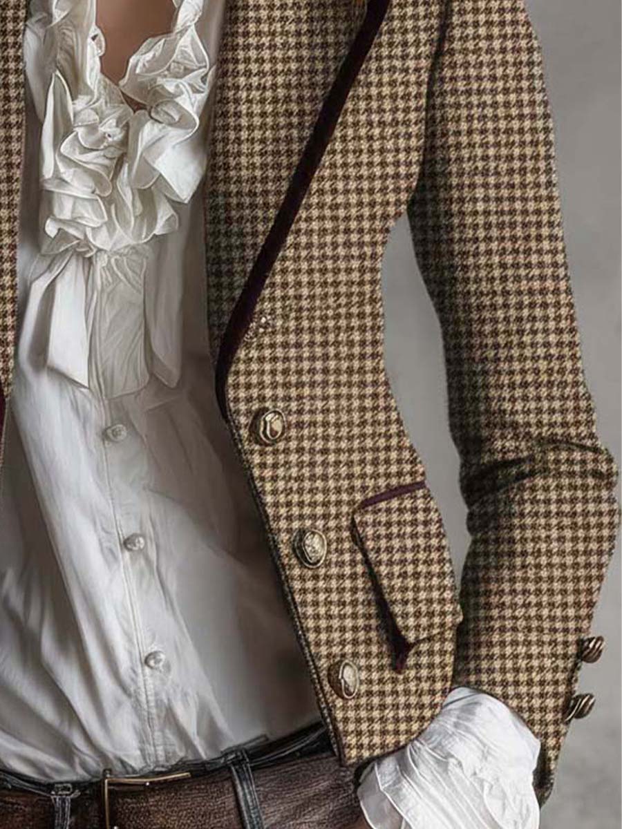 Classic Houndstooth Tweed Tailored Blazer