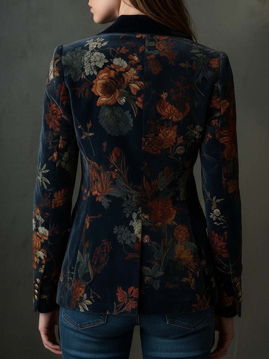 Retro Floral Pattern Velvet Blazer with Metal Buttons