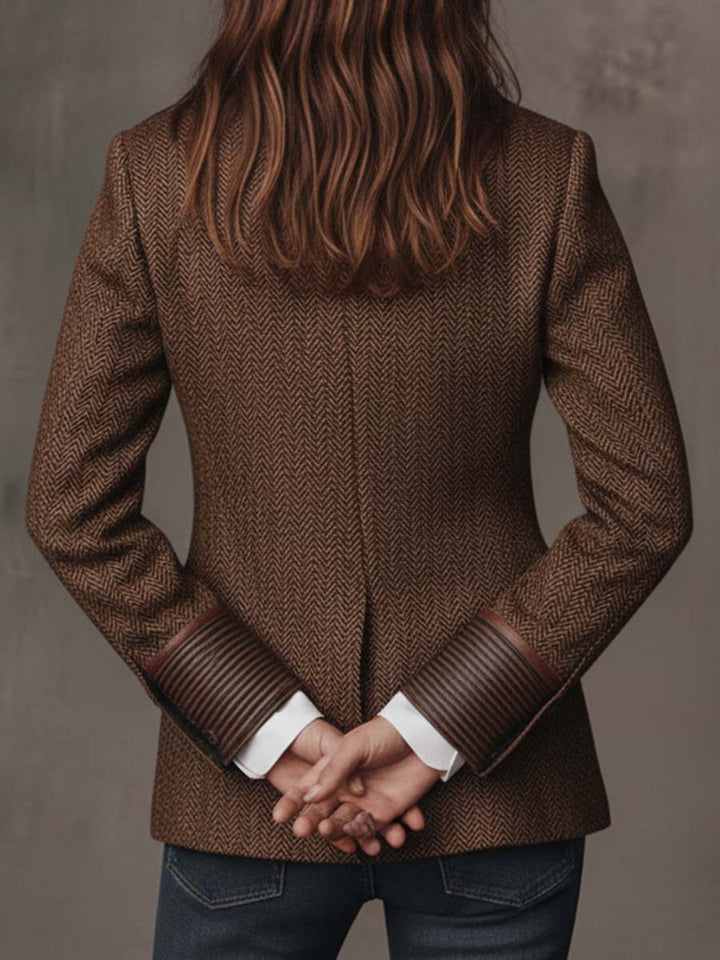 Herringbone Tweed Blazer Featuring Printed Panels
