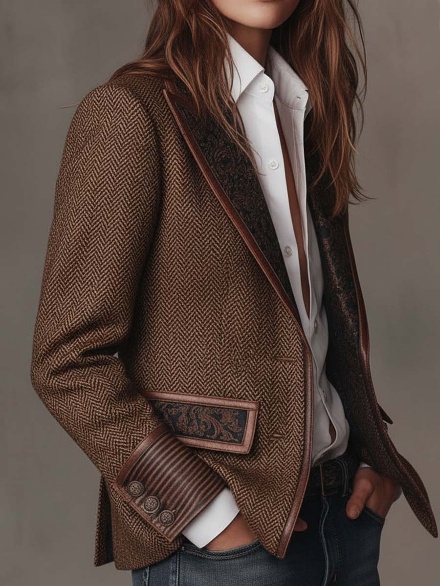 Herringbone Tweed Blazer Featuring Printed Panels