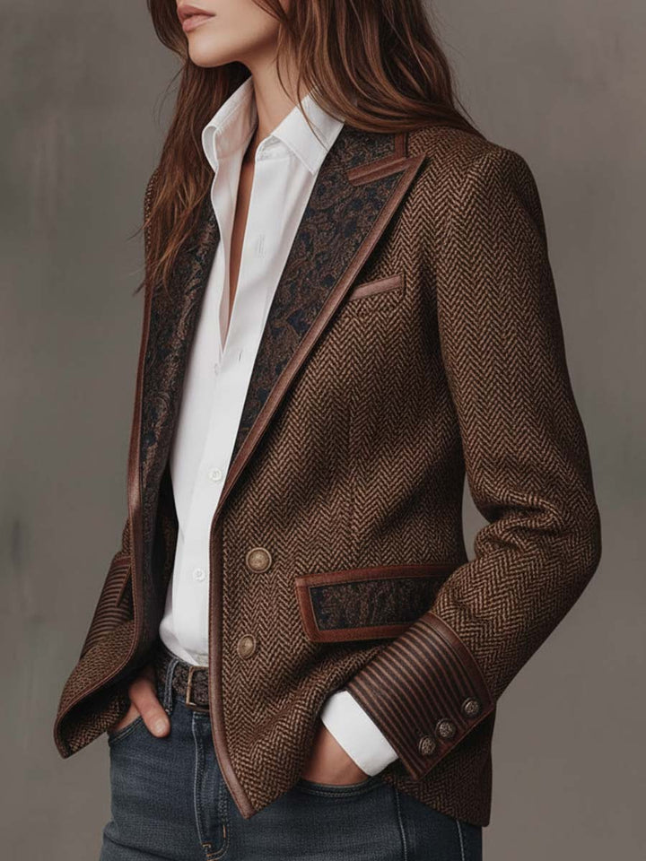 Herringbone Tweed Blazer Featuring Printed Panels