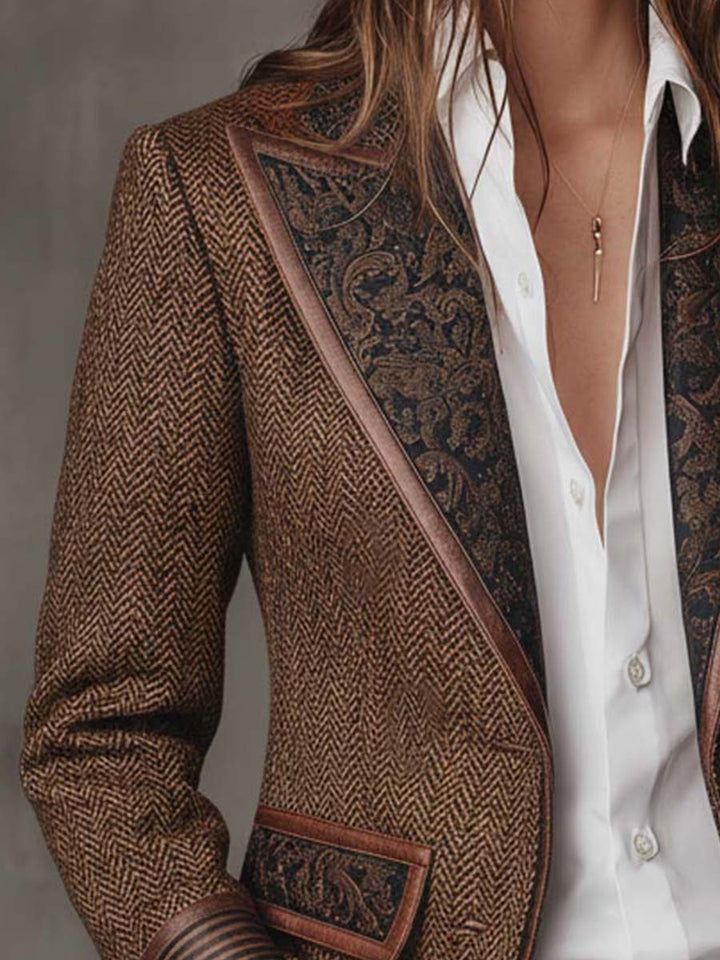 Herringbone Tweed Blazer Featuring Printed Panels