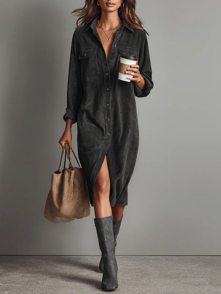 Jessy - Loose Corduroy Double Chest Pocket Breasted Midi Dress
