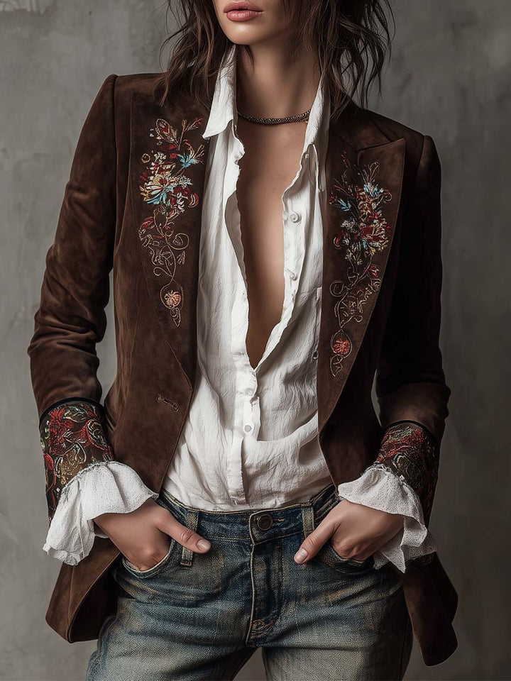 Retro Brown Suede Blazer Featuring Embroidered Accents