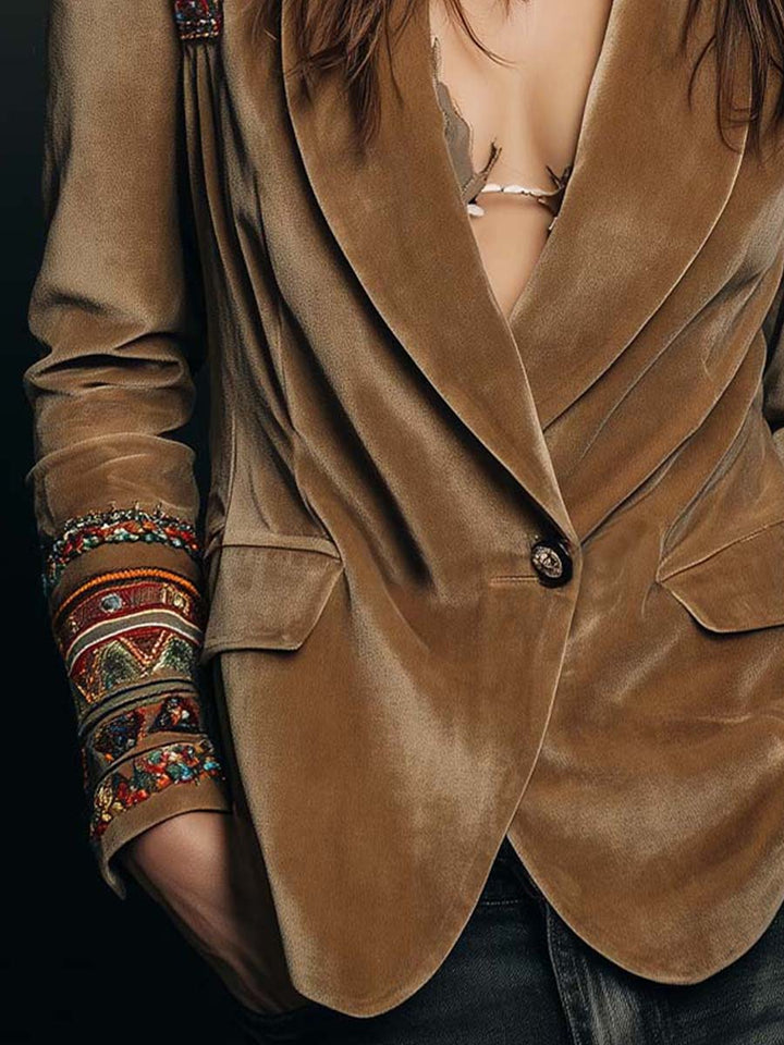 Embroidered Bohemian-Style Blazer in Polyester Velvet