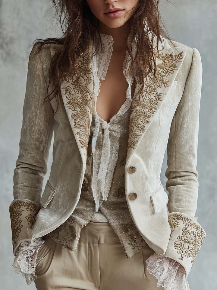 Ivory Velvet Blazer with Lace Cuffs and Embroidered Details