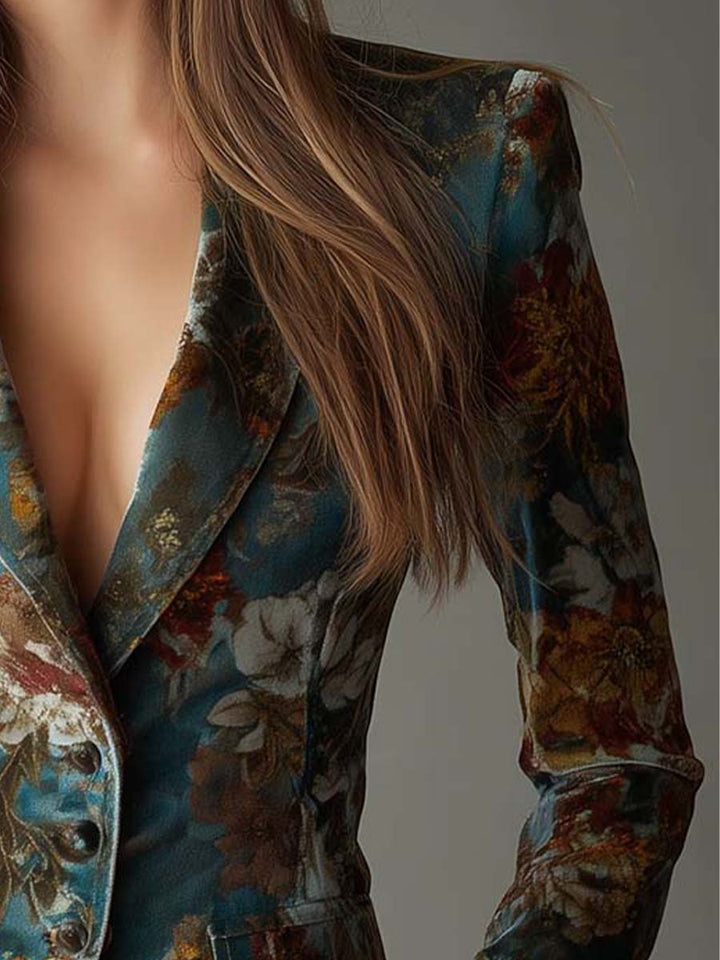 Tailored Vintage Velvet Blazer in Teal Floral Print