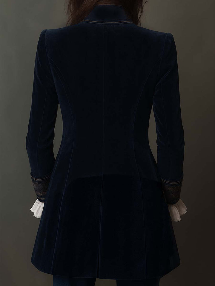 Embroidered Long Jacket in Vintage Navy Polyester Velvet