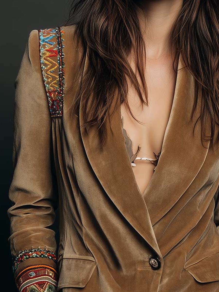 Embroidered Bohemian-Style Blazer in Polyester Velvet