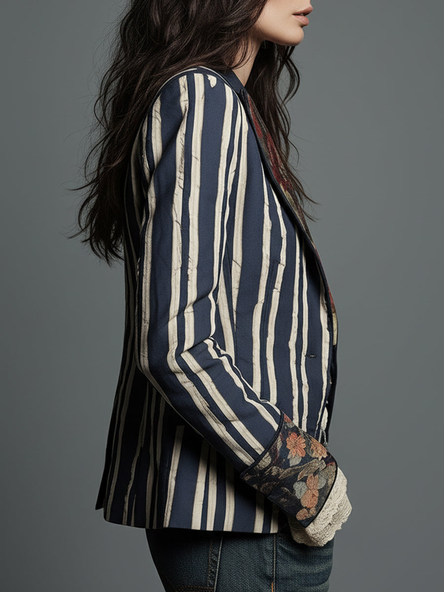 Bohemian Striped Blazer with Floral Print in Cotton and Linen