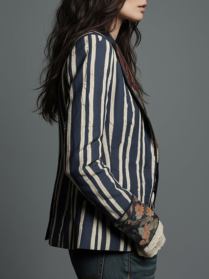 Bohemian Striped Blazer with Floral Print in Cotton and Linen