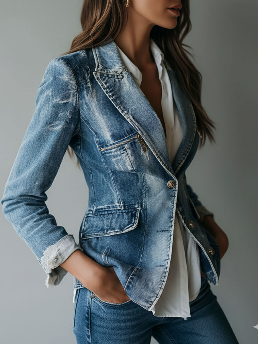 Classic Relaxed Fit Washed Denim Blazer
