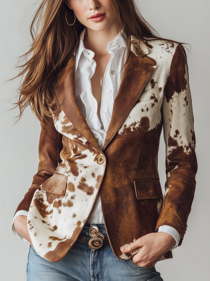 Retro Cowhide Print Eco-Friendly Suede Blazer