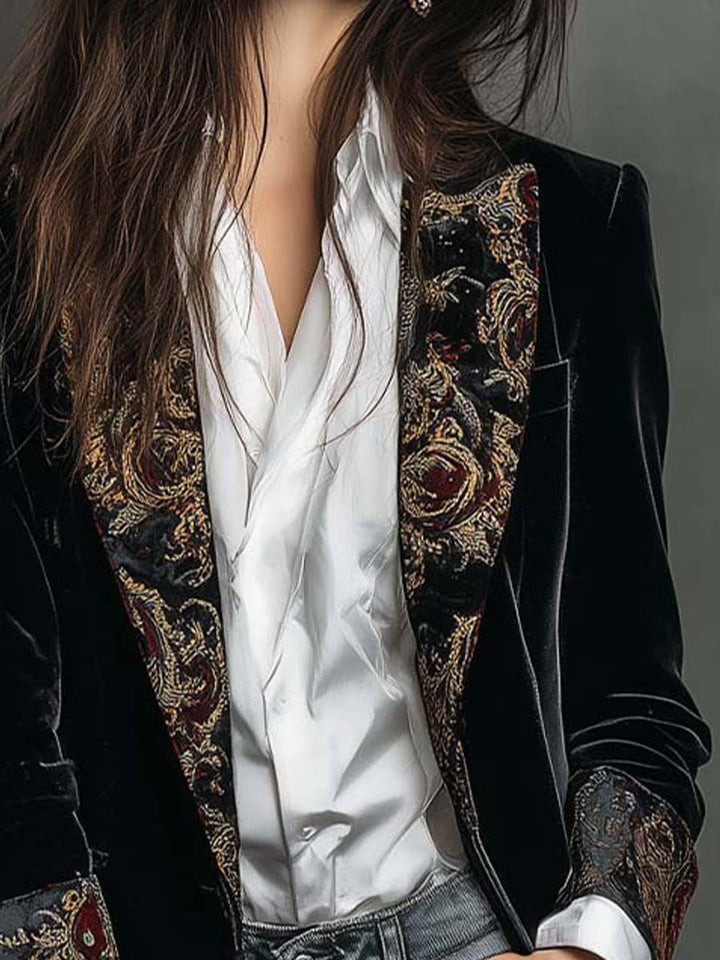 Classic Black Velvet Blazer with Baroque Printed Lapel - Timeless Vintage Luxury